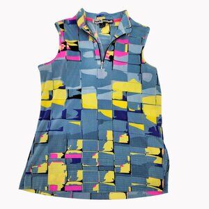 Jamie Sadock Womens Size M Blue Abstract Sleeveless Zip Polo Top Accordion